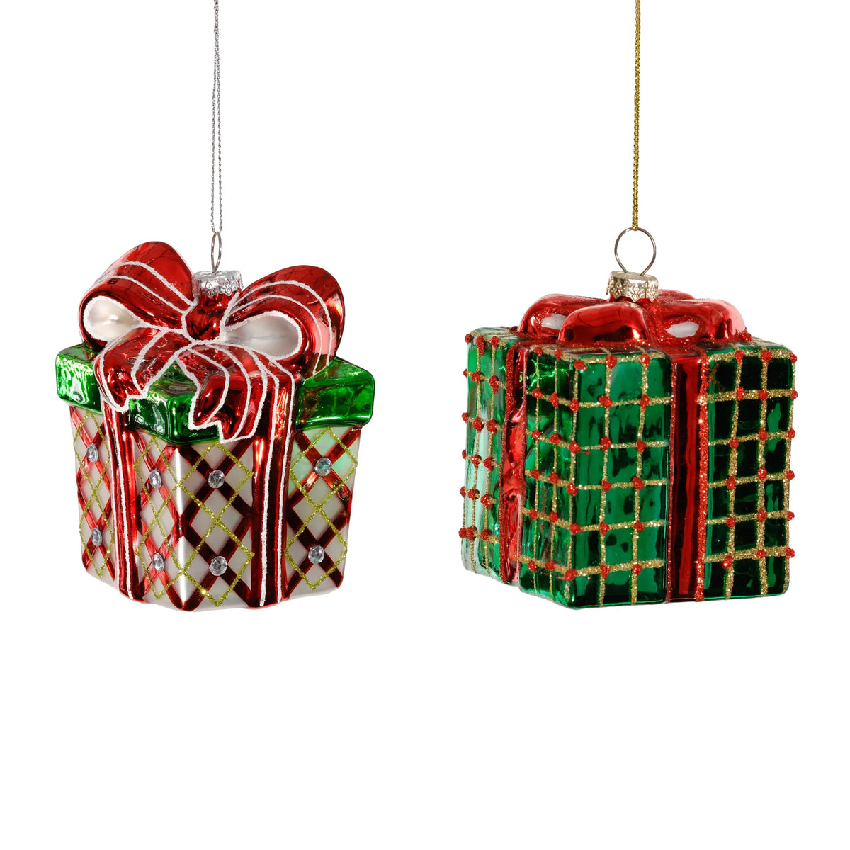 Glass Gift Box Ornament - White with Red Bow