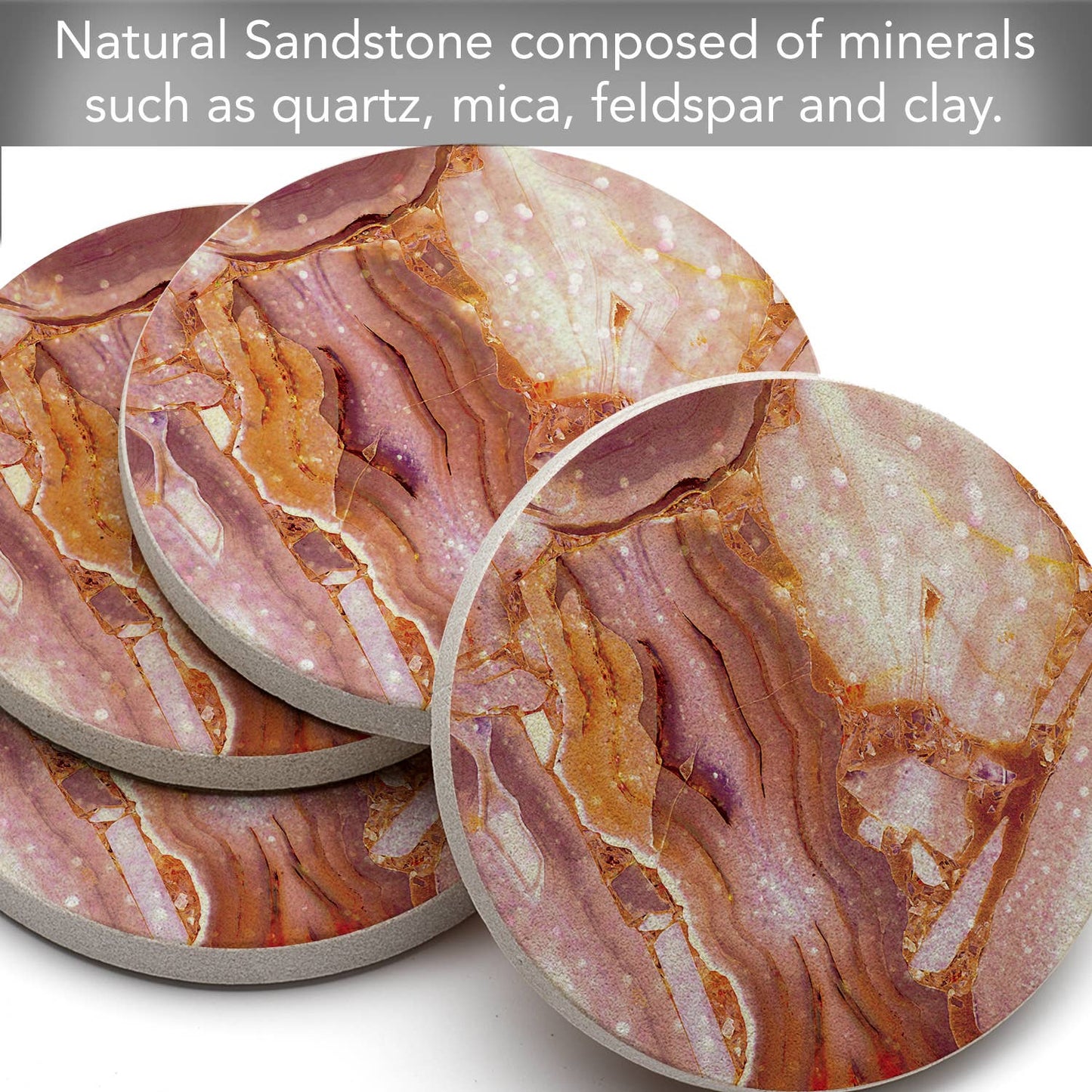 Thirstystone "Coral Agate" Round Sandstone Coaster 4pk w/Acacia Wood Holder