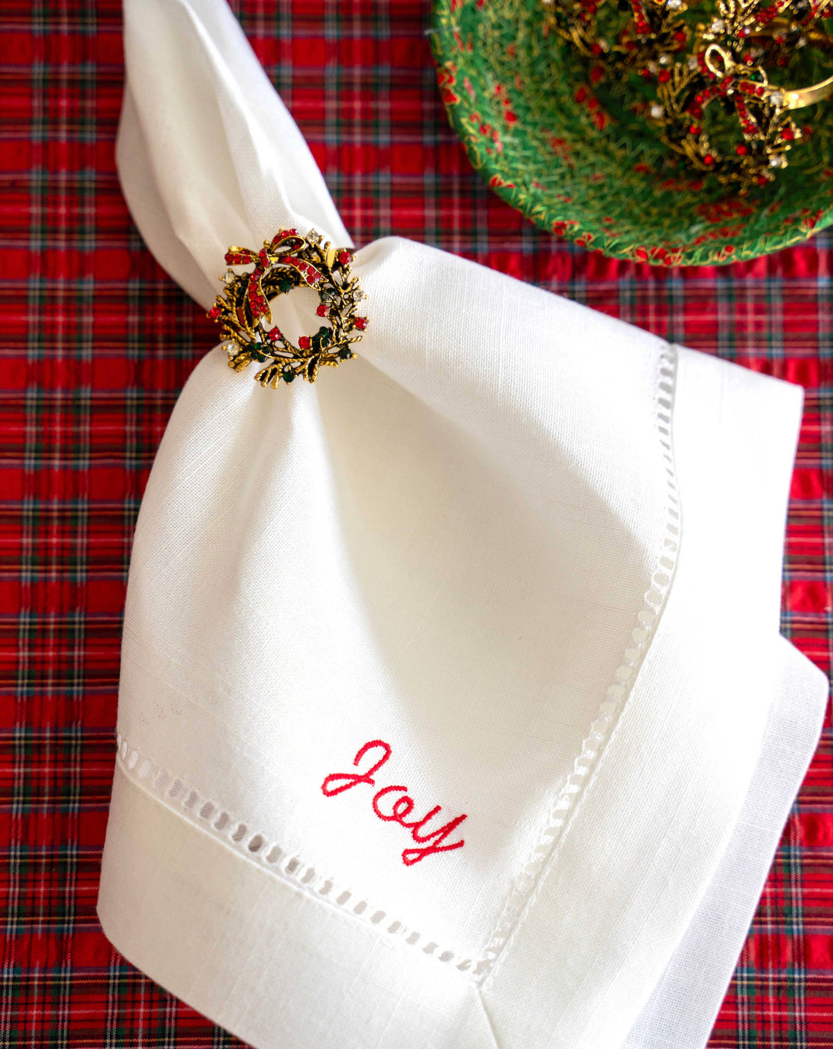 Holiday Words Hemstitch Cloth Napkins, set of four: White