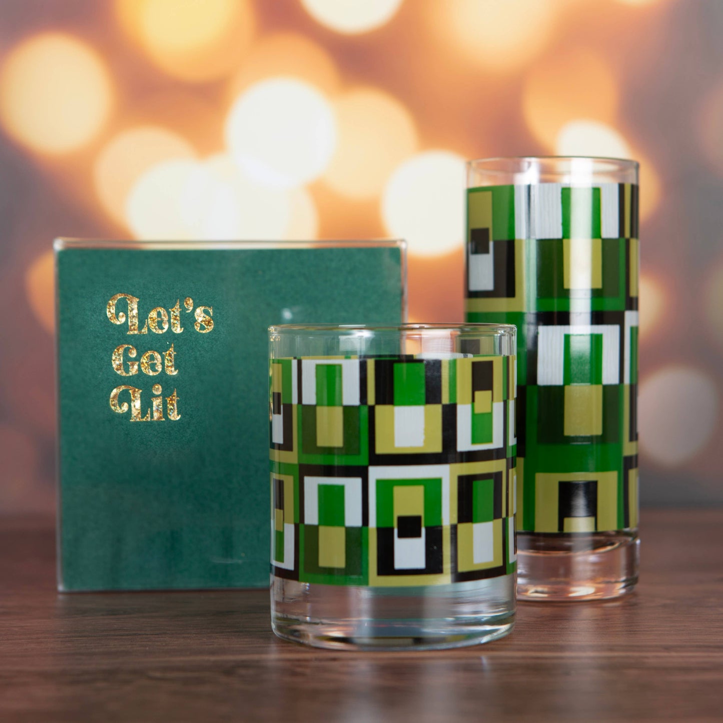 Green Square Vintage Inspired Highball Cocktail Glass Pair of 2