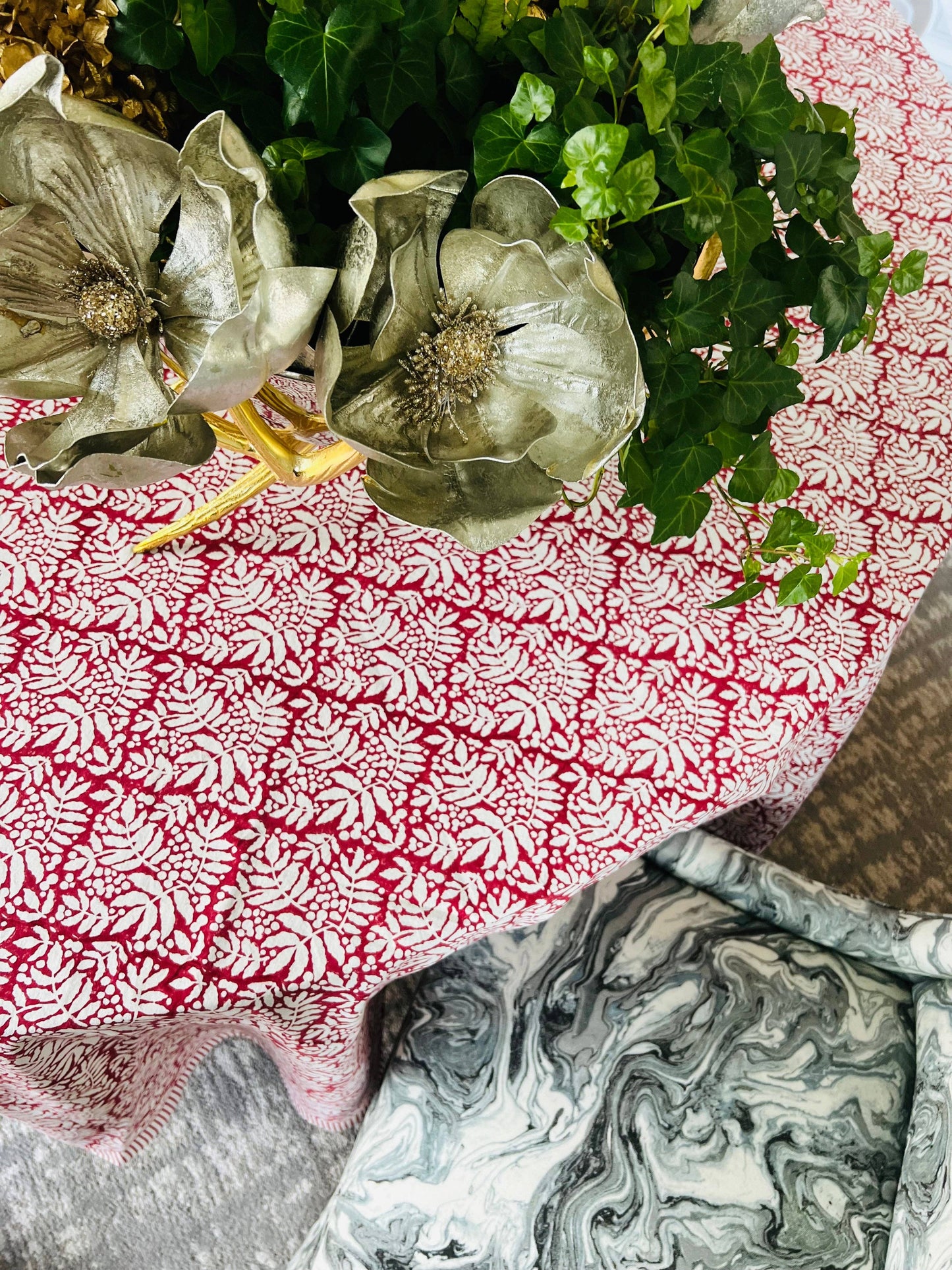 Gathered Garden Tablecloth in Cranberry Red: 120" Round