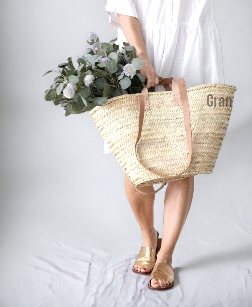 Straw Bag with Leather Handles - French Market Basket: Brown