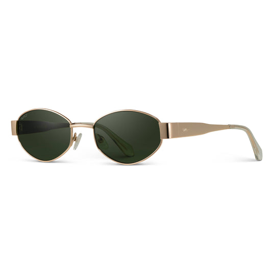 Verona - Small Oval Metal Frame Sunglasses: Gold / Smoke Green Lens
