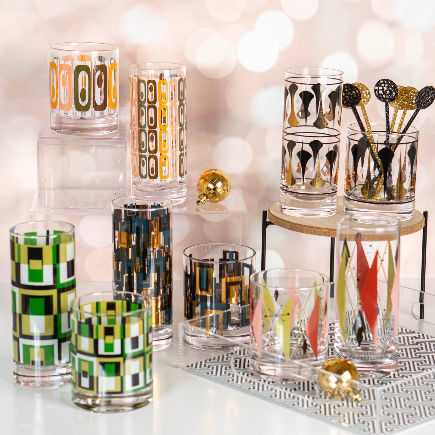 Green Square Vintage Inspired Rocks Glass Set of 2