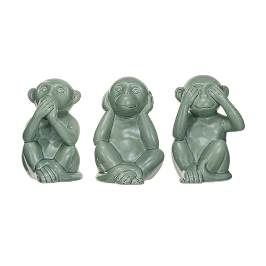 Stoneware Hear/Speak/See No Evil Monkey, 3 Styles (Each One Will Vary)