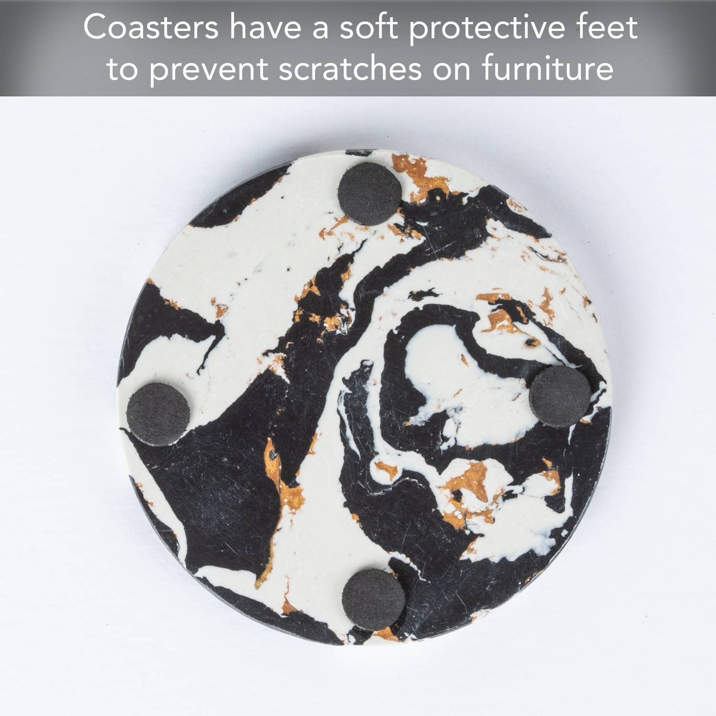 Thirstystone Black, Gold, & White Round Resin Coasters 4.75" w/Acacia Wood Holder