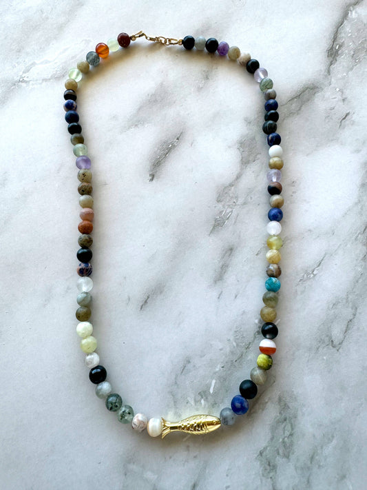 Ashia Beaded Fish Necklace: Mixed Gemstone