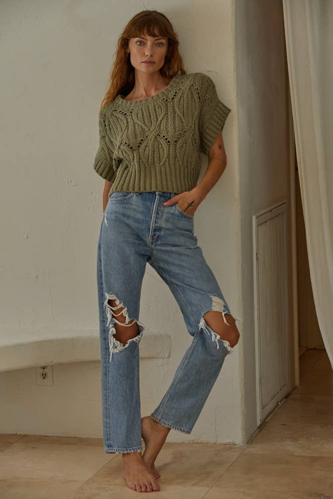 W1124 | Knit Sweater Crochet Round Neck Short Sleeve Top: Cream / Small
