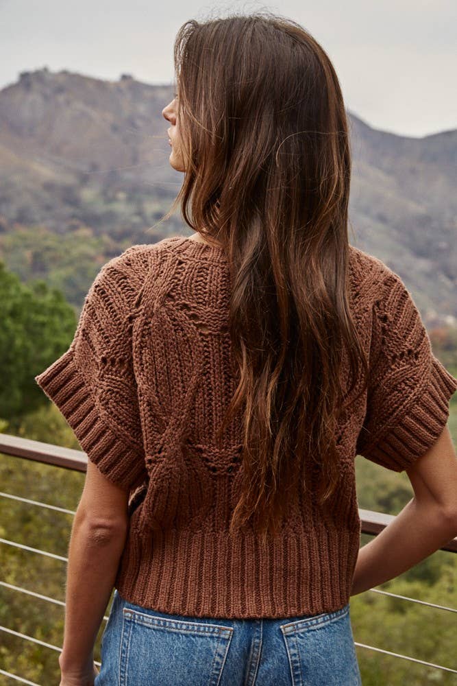 W1124 | Knit Sweater Crochet Round Neck Short Sleeve Top: Cream / Medium