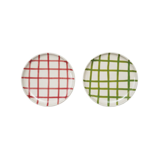10" Round Hand-Painted Stoneware Plate with Grid Pattern, 2 Colors